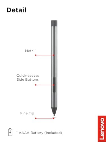 Lenovo Digital Pen 2 (Laptop) - Ultra-Tactile Response - 4,096 Levels of Pressure - Natural Feel Elastometer Pen Tip - Extended Battery Life - Silver, Grey
