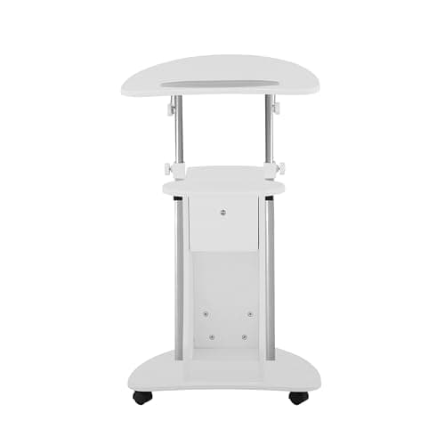 Techni Mobili Adjustable Height Rolling Laptop Cart with Storage, Sit to Stand Desk with Wheels, Podium Stand or Medical Cart, White
