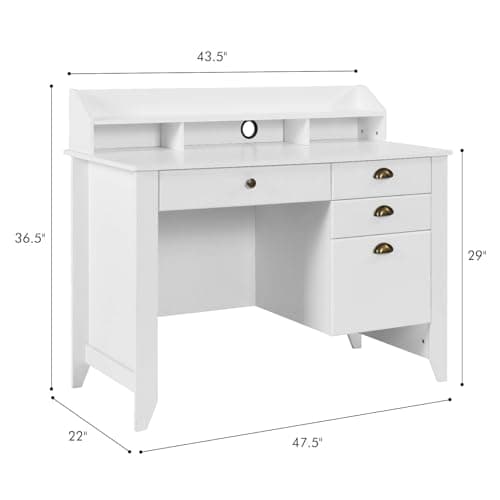 Catrimown Computer Desk with Drawers and Hutch, 47 Inch Home Office Desk with File Drawers, Student Girls Desks, Teens Writing Table with Hutch, Small Desk with Drawer for Bedroom, White