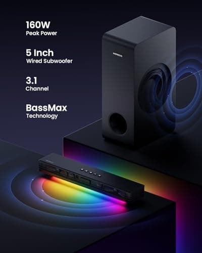 MEREDO Sound Bar for Smart TV 3.1CH PC Gaming Soundbar with Subwoofer RGB Lighting Audio Sync Surround Sound System BT 5.3/HD-ARC/Optical/AUX/USB for Desktop Tablets Consoles Home Cinema