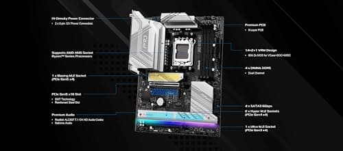 ASRock AMD B850 Pro RS WiFi 6E Socket AM5 Ryzen 9000/8000/7000 Series DDR5 up to 8000+ (OC) MHz 256GB ATX Motherboard M.2 SATA3 6.0 Gb/s PCIe 5.0 BIOS Flashback 2.5G LAN