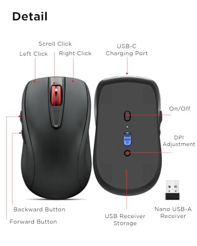 Lenovo USB-C Rechargeable Silent Mouse (WL500) - Silent Buttons, USB-C Rechargeable, Ambidextrous Grip, Adjustable DPI - Plug-and-Play 2.4G Receiver Computer Mouse (Black)
