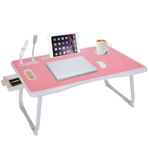 Laptop Bed Table, Laptop Desk for Bed, Foldable Laptop Bed Desk with USB Charge Port, Handle, Desktop Card Slot, Cup Slot, Side Drawer, Portable Laptop Table for Eating Reading Working