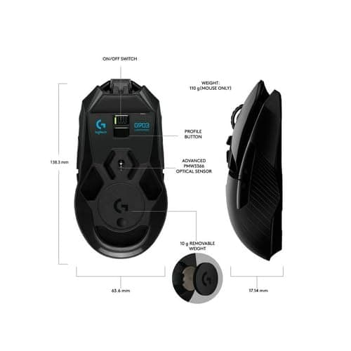 Logitech G903 LIGHTSPEED Wireless Gaming Mouse W/ Hero 25K Sensor, PowerPlay Compatible, 140+ Hour with Rechargeable Battery and Lightsync RGB, Ambidextrous, 107G+10G optional, 25,600 DPI, Black