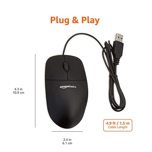 Amazon Basics 3-Button USB Wired Mouse with Scrolling and Tracking - Standard, Black
