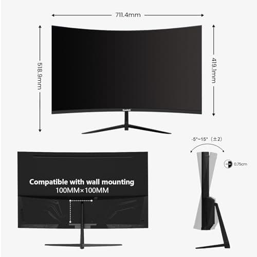 32 inch 2K QHD(2560×1440P) 165Hz Curved Gaming Monitor,PC Screen, 1ms，FreeSync, 98% sRGB，178° Wide Viewing Angle，DisplayPort、HDMI, Wall Mount Compatible 100 * 100MM Wall - Black