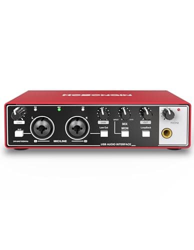 HOSONGIN 2i2 USB Audio Interface for Beginners - 24Bit/192kHz, 48V Phantom Power, Plug & Play Recording for Podcast/Vocals/Guitar/Youtube, PC/Mac/iOS Compatible (Red Metal)