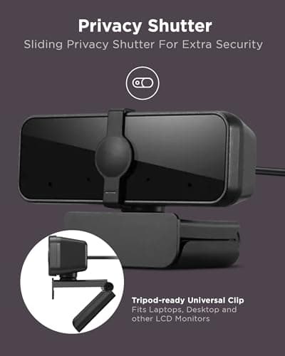 Lenovo Essential Full HD 1080P Webcam, Dual Microphone, No Driver 1.8m USB 2.0, Wide-Angle, Tilt-Control, 360-Degree Rotation, Black