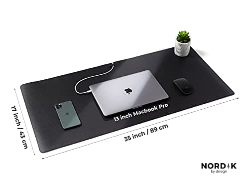 Nordik Leather Desk Mat Cable Organizer - Pebble Black 35 X 17 inch - Premium Mouse Mat - Felt Vegan Leather Desk Pad Protector - Desk Blotter Matt Keyboard - Large Desk Matt for Desktop Computer
