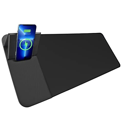 Wireless Charging Mouse Pad with Phone Holder Gaming Mousepad Desk Mat 15W Qi Fast Charging Pad Ultra-Smooth Surface Non-Slip Extended Premium Black Computer Keyboard Mat for MacBook PC Laptop