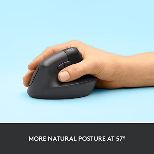 Logitech Lift Vertical Ergonomic Mouse, Wireless Bluetooth or USB Receiver, Quiet Clicks, 4 Buttons, Right Hand Wireless Mouse, Windows/macOS/iPadOS, Laptop, PC - Graphite