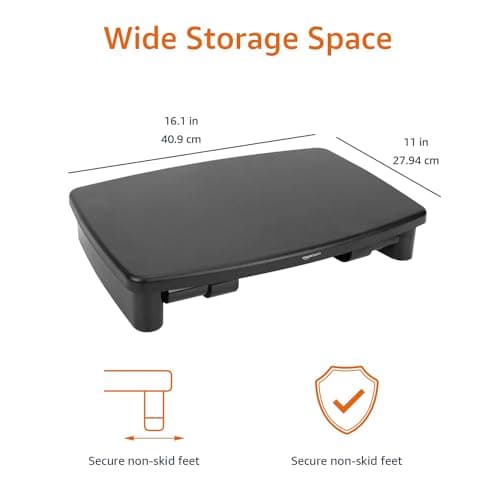 Amazon Basics Height Adjustable Rectangular Computer Monitor Riser Desk Stand with Storage for Reduced Neck Strain - Fits Monitors, Laptops Up to 22lbs, Black