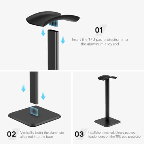 JIKIOU Headphone Stand Gaming Headset Holder Universal Aluminum Metal Headphones Holder Hanger with Aluminum Supporting Bar Flexible Headrest ABS Solid Base for All Headphone 2 Pack (Black)
