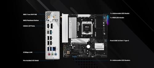 ASRock AMD B850M Pro RS WiFi 6E Socket AM5 Ryzen 9000, 8000 and 7000 Series DDR5 B850 up to 8000+ (OC) MHz 256GB Micro ATX Motherboard M.2 SATA3 6.0 Gb/s PCIe 5.0 Realtek 2.5G LAN BIOS Flashback