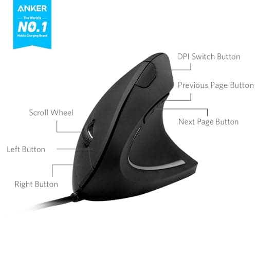 Anker Ergonomic Optical USB Wired Vertical Mouse 1000/1600 DPI, 5 Buttons CE100