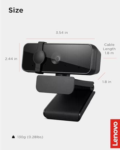 Lenovo Essential Full HD 1080P Webcam, Dual Microphone, No Driver 1.8m USB 2.0, Wide-Angle, Tilt-Control, 360-Degree Rotation, Black