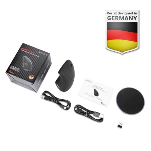 Perixx PERIMICE-713RX Wireless Rechargeable Vertical Mouse - Duo Wired and Wireless Charging Feature - Charging Pad Included - 6 Buttons Design - Black - Right-Handed Design