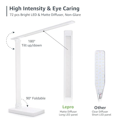 Lepro LED Desk Lamp, Metal Desk Light 9.5W 800lm, Forbes Vetted Best Task Lamp, 5 Color Modes 5 Brightness Level, Dimmable Home Office Desktop Lamp for Reading, Crafting, Sewing, Puzzle, Nail, White
