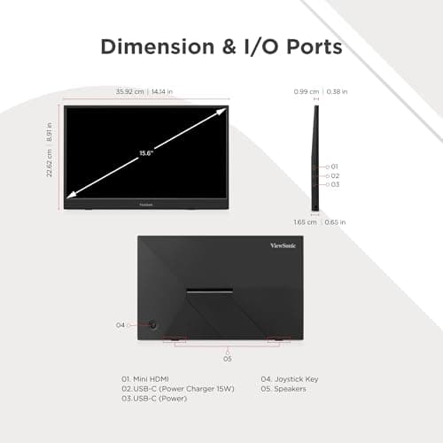 ViewSonic VA1653 16 Inch 1080p FHD IPS Portable Monitor with Eye Care, Built-in Stand, USB C, Mini HDMI, and Protective Case External Second Screen for Laptops, PC, Mac, and Gaming Consoles