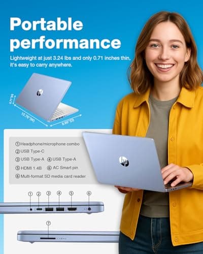HP 2025 Laptop for Business & Student - Windows 11 Pro & Microsoft Office Lifetime | 14 inch HD | Intel Quad-core CPU | 16GB RAM, 128GB UFS, 256GB Micro SD | Sleek Design Light Computer | Sky Blue