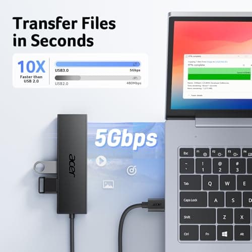 Acer USB Hub 4 Ports, Multiple USB 3.0 Hub, USBA Splitter for Laptop with Type C Power Port, Extender for A Port Laptop, PC, Desktop and More (2ft)