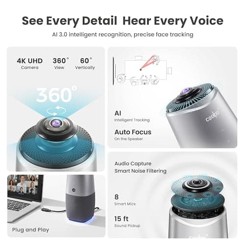 Camera 360, 4K Video Conference Room Camera System, Webcam, AI Driven Speaker Tracking, Noise Cancellation, Works with Zoom, Google Meet, Teams and More, 15 ft Mic Pickup, PANA 5ft USB Cable