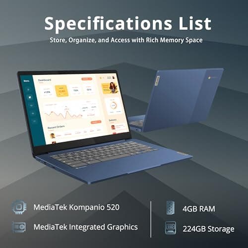 Lenovo IdeaPad Slim 3 Chromebook, 14″ FHD IPS Anti-Glare Touchscreen, MediaTek Kompanio 520, 4GB LPDDR4X, 224GB Storage(64GB eMMC+160GB Docking Station Set), Webcam, WiFi 6, Chrome OS, Blue