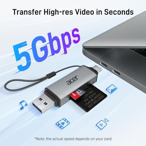 acer SD Card Reader USB C, Dual Slots USB 3.0 Type C to Micro SD Card Adapter, Memory Card Reader for MicroSD, SDHC, SDXC, Compatible with Laptop, PC, iPhone16/15, MacBook Pro/Air, iPad Pro, Android