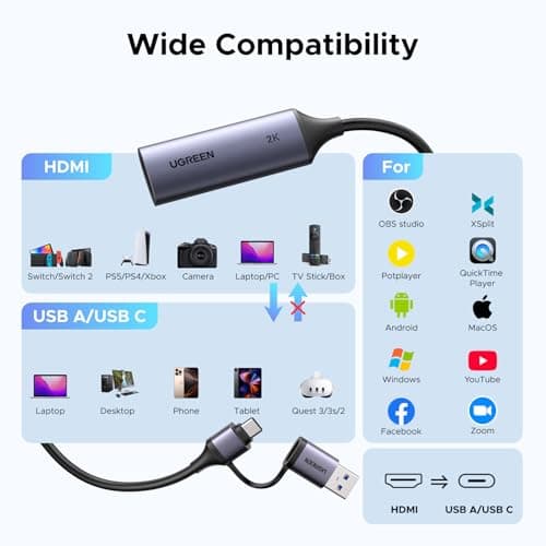 UGREEN 2K@30Hz Video Capture Card HDMI to USB 3.0 A and USB C Capture Device, 4K Input 1080P 60FPS with Low Latency for Streaming Game Recording Compatible with Switch 2/Xbox/PS4/PS5/PC/Camera