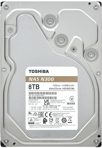 Toshiba N300 8TB NAS 3.5-Inch Internal Hard Drive - CMR SATA 6 GB/s 7200 RPM 512 MB Cache - HDWG780XZSTA