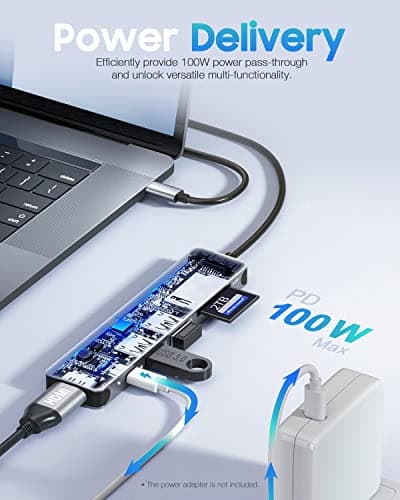 Hiearcool USB C Hub, USB-C Multi-Port Adapter for MacBook Pro, 7IN1 USBC to HDMI Hub Dongle Compatible for Laptops and Other Type C Devices (4K HDMI USB3.0 SD/TF Card Reader 100W PD)