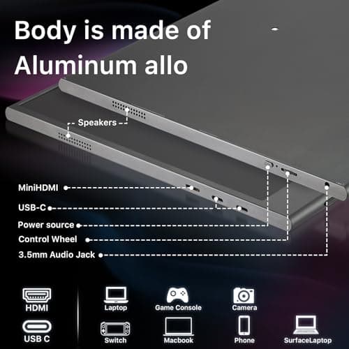 15.6 inch Portable Monitor,1080P USB-C HDMI,Portable Monitor for Laptop, HDR Plug&Play,PC,Mac,Phone,PS,Xbox,Swich,IPS Ultra-Thin Zero Frame, Metal Case