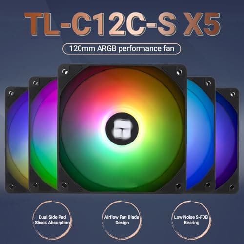Thermalright 5 Pack TL-C12C-S CPU Fan 120mm ARGB Case Cooler Fan, 4pin PWM Silent Computer Fan with S-FDB Bearing Included, up to 1550RPM Cooling Fan（5 Quantities）