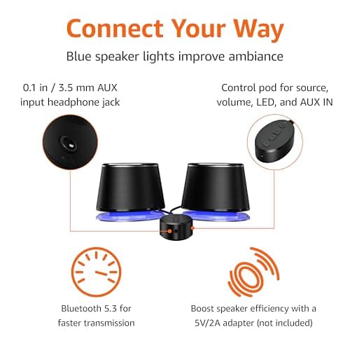 Amazon Basics Bluetooth and USB Computer Speakers with Blue Lighting, Large, Black