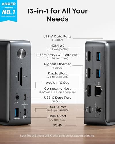 Anker Laptop Docking Station, 13-in-1 USB-C Docking Station, Triple Display with 2 x 4K HDMI and 1 x DP, 85W Charging for Laptop, 10 Gbps USB-C and 5 Gbps USB-A Data, Ethernet, Audio, SD