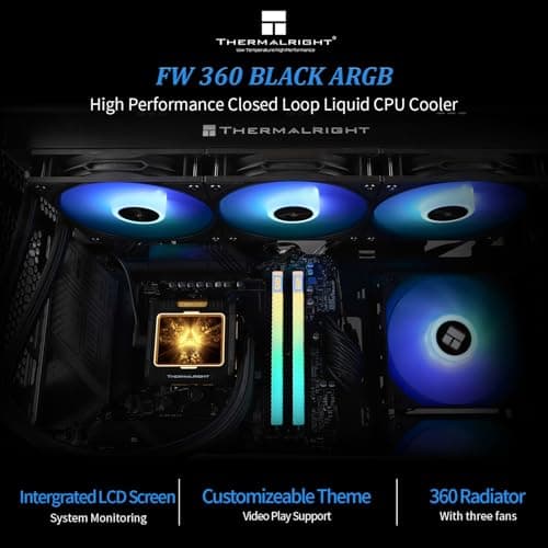 Thermalright FW360 Black ARGB CPU AIO Cooler,PC 360 Specification Water Cooler System,IPS LCD Screen with 320x240 Resolution,for AM5&Intel LGA1700/1851,CPU Cooler Comes with 2.4-inch LCD Display