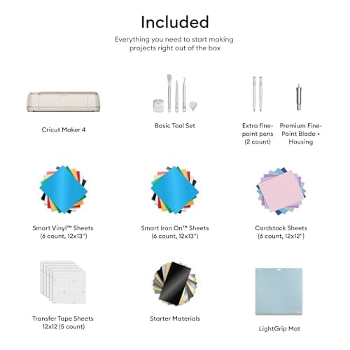 Cricut Maker 4 - Smart Cutting Machine (Seashell) | Engagement Bundle - Includes Smart Vinyl, Cardstock, Transfer Tape, Iron On HTV, Mat, Pens, Tool Kit, & 25 Images in Design Space App