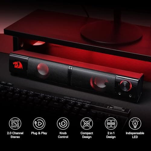 Redragon GS550 PC Gaming Speakers, 2.0 Channel Desktop Computer Sound Bar with Compact Maneuverable Size, Headphone Jack, Quality Bass & Decent Red Backlit, USB Powered w/ 3.5mm Cable