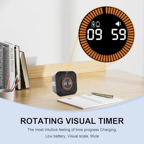 Rotating Cube Visual Timer 5, 25, 10, 50 Min Preset + Custom Countdown, Rechargeable Desk Productivity Flip Timer w/Silicone Case, Silent Mode, Ideal for ADHD Tool Study Work Kitchen School (Black)