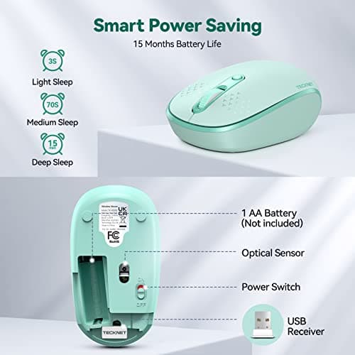TECKNET Wireless Mouse for Laptop, 2.4G Quiet Computer Mouse with USB Receiver, 4 Buttons Portable Cordless Mice for Chromebook, Laptop, PC, Mac, 800/1200/1600 DPI - Mint Green