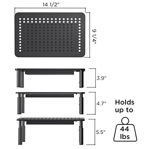 EVOOMI Back Saver Monitor Stand for Desk - 2 Pack Monitor Riser with Drawer - Gain 5 Weeks a Year, Less Pain & Peak Productivity with Anti Skid Mesh Metal Computer Stand for Laptop, Printer & iMac