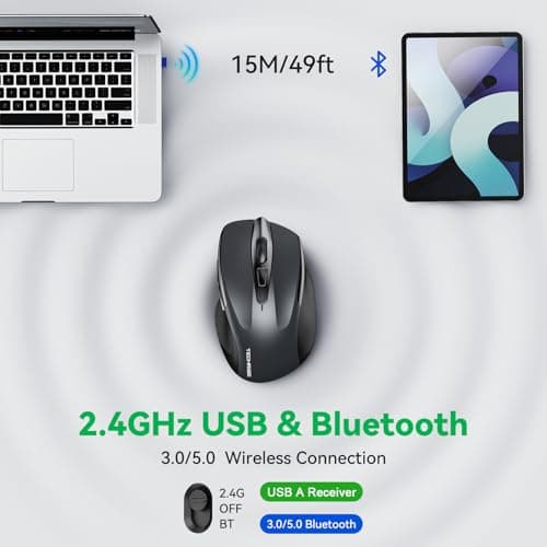 Bluetooth Mouse (BT5.0/3.0 & 2.4G) Rechargeable Wireless Mouse, 4800 DPI Optical Tracking, 6 Adjustable DPI, 2.4GHz with USB A Receiver, Quiet Clicks, Ergonomic Grips, 6 Buttons - Grey