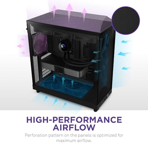 NZXT H6 Flow | CC-H61FB-01 | Compact Dual-Chamber Mid-Tower Airflow Case | Panoramic Glass Panels | High-Performance Airflow Panels | Includes 3 x 120mm Fans | Cable Management | Black