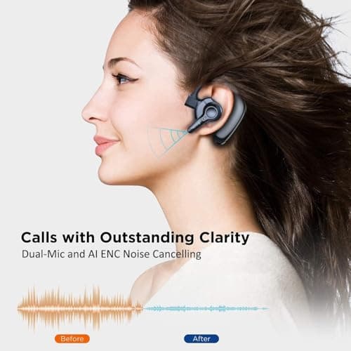 Dual-Mic AI Noise Cancelling Bluetooth Headset for Cell Phones, 10 Days Standby 30Hrs HD Talktime Bluetooth Earpiece IPX6 Waterproof Ultralight for Driving/Truckers/Business, Black