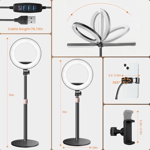 MACTREM 10“ Desk Ring Light with Stand, Desktop LED Circle Halo Light with Phone Holder for Computer Zoom Meeting, Laptop Light for Conference Video Calls, Live Streaming, Podcast, Selfie, Makeup