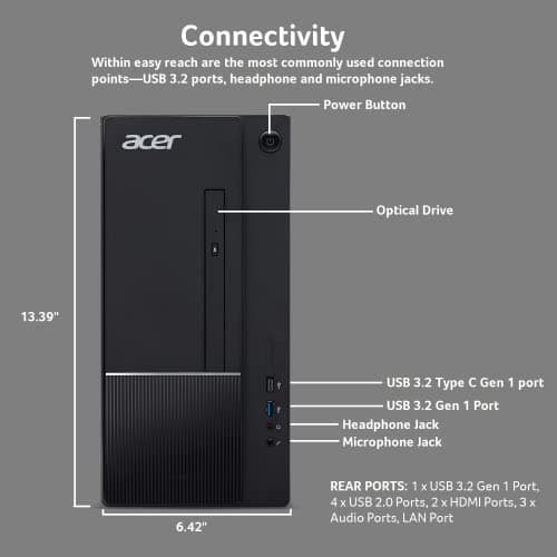 Acer Aspire TC-1750-UR12 Desktop | 12th Gen Intel Core i5-12400 6-Core Processor | 16GB 3200MHz DDR4 | 512GB NVMe M.2 SSD | 8X DVD | Intel Wireless Wi-Fi 6E AX211 | Bluetooth 5.2 | Windows 11 Home