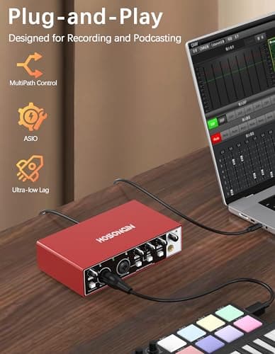HOSONGIN 2i2 USB Audio Interface for Beginners - 24Bit/192kHz, 48V Phantom Power, Plug & Play Recording for Podcast/Vocals/Guitar/Youtube, PC/Mac/iOS Compatible (Red Metal)