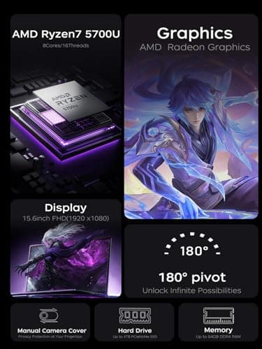 Laptop Computer,15.6'' FHD Display Laptop with AMD Ryzen 7 5700U Processor(8C/16T,Up to 4.3Hz), 16GB DDR4x2 512GB SSD Notebook Computer with Numeric Keyboard, WIFI6