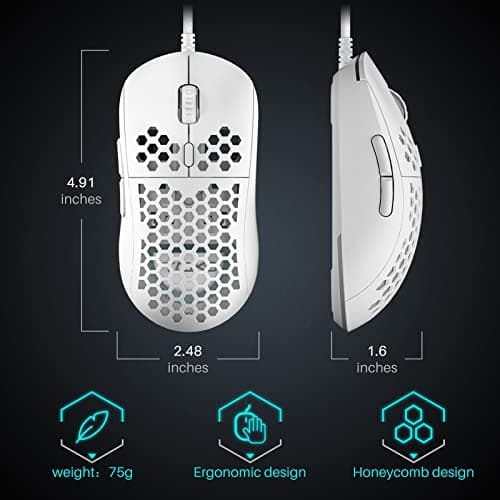DIERYA M1SE Wired Gaming Mouse with Honeycomb Shell, 12800DPI Optical Sensor, 6 Programmable Macros, Software Support for Custom Key Config, and RGB Settings for Windows 7/8/10/XP, Vista, Linux-White