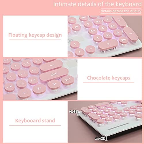 Wired Quiet Membrane Keyboard,Full Size 104-Keys Retro Punk Typewriter White LED Backlit ，USB Ultra Slim Gaming Keyboard with ABS Round keycaps for Windows/PC/Laptop (Pink)